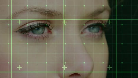 Animation-of-data-processing-over-caucasian-woman's-face-and-grid