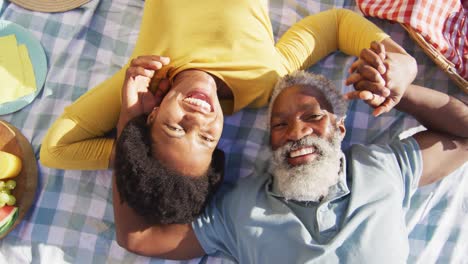 Portrait-of-happy-african-american-couple-having-picnic-on-sunny-beach