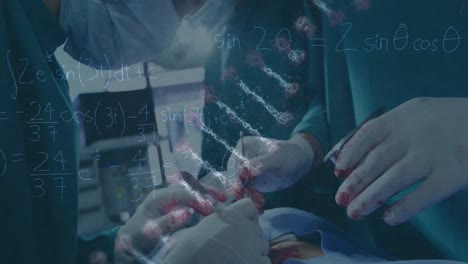 Animation-of-dna-rotating-over-hands-of-diverse-surgeons-during-operation