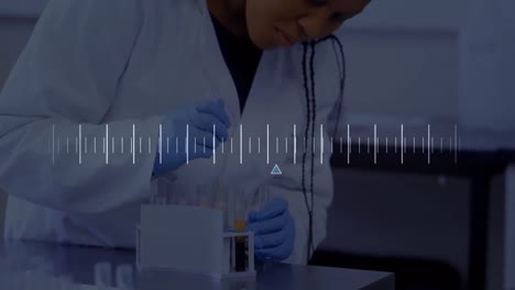 Animation-of-data-processing-over-african-american-female-scientist-in-lab
