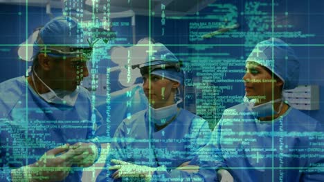 Animation-of-data-processing-over-diverse-male-and-female-surgeons-talking