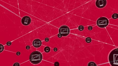 Animation-of-network-of-connections-with-icons-on-red-background