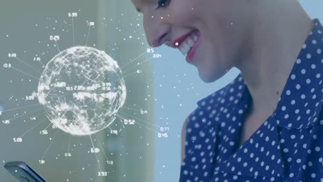 Animation-of-globe-with-network-of-numbers-over-caucasian-woman-using-smartphone