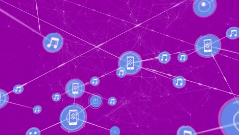 Animation-of-network-of-connections-with-icons-on-purple-background