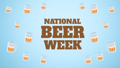 Animation-of-national-beer-week-text-and-multiple-pint-of-beer-over-blue-background