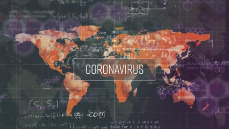 Animation-Von-Coronavirus,-Diversen-Daten-Und-Weltkarte-Auf-Schwarzem-Hintergrund