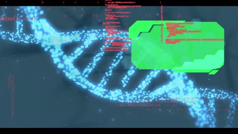 Animation-Der-Datenverarbeitung-Mit-Grünen-Bildschirmen-über-Sich-Drehendem-3D-DNA-Strang