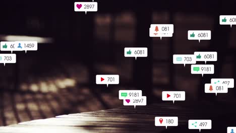 Animation-of-social-media-icons-and-numbers-over-people-walking-in-fast-motion