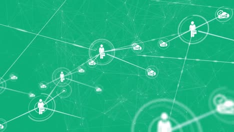 Animation-of-network-of-connections-with-icons-on-green-background