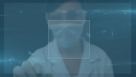 Animation-of-science-data-processing-over-doctor-wearing-mask