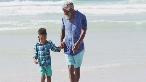 Glücklicher-älterer-Afroamerikanischer-Vater,-Der-Mit-Seinem-Sohn-Am-Sonnigen-Strand-Spaziert