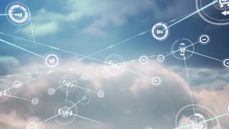 Animation-of-network-of-connections-with-icons-on-cloudy-sky-in-background