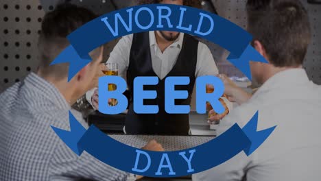 Animation-of-world-beer-day-text-over-people-drinking-beer