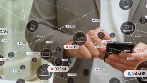 Animation-of-social-media-icons,-numbers-and-connections-over-caucasian-man-using-smartphone