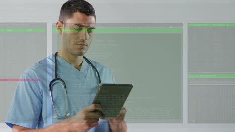 Animación-De-Un-Médico-Caucásico-Usando-Una-Tableta-Sobre-Procesamiento-De-Datos