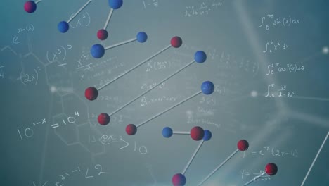 Animation-of-data-processing-and-dna-strand-on-blue-background