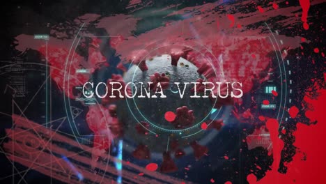 Animación-De-Coronavirus,-Célula-Viral,-Mapa-Mundial-Y-Pantalla-Digital