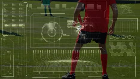 Animation-of-data-processing-over-legs-of-diverse-male-soccer-players-on-sports-field
