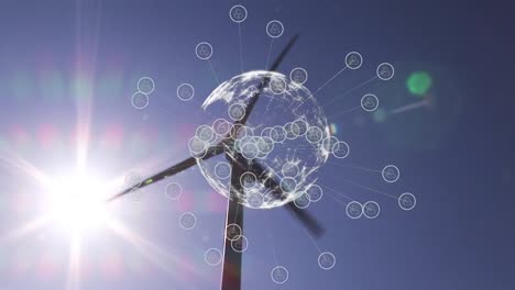 Animation-Von-Verbindungsnetzen-Mit-Fotos-Und-Globus-über-Windkraftanlage