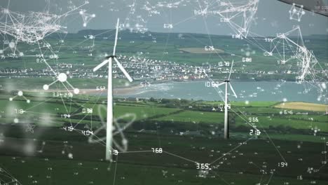 Animation-of-networks-of-connections-and-numbers-with-wind-turbines-in-background