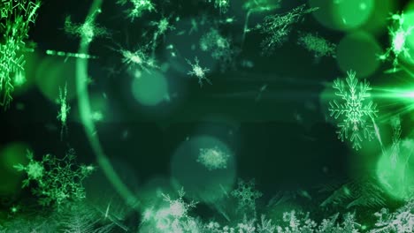 Animation-of-snow-falling-over-snowflakes-and-bokeh-on-green-background