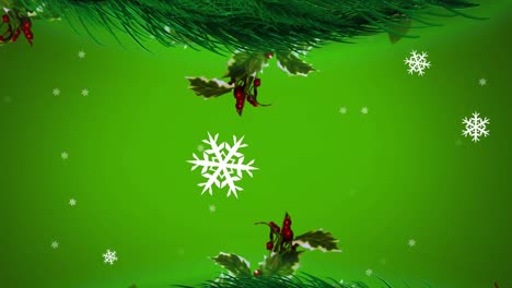 Animation-of-christmas-fir-tree-over-stars-and-snow-on-green-background