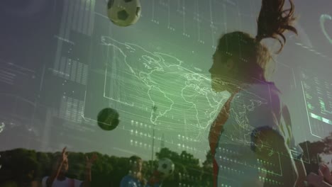 Animation-of-data-processing-over-diverse-female-football-players-on-football-pitch