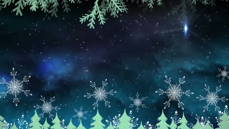 Animation-of-christmas-fir-tree-over-night-sky-and-snowflakes