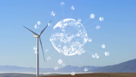 Animation-of-networks-of-connections-with-photos-and-globe-over-wind-turbine