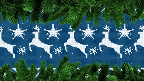 Animation-of-christmas-fir-tree-over-reindeers-on-blue-background