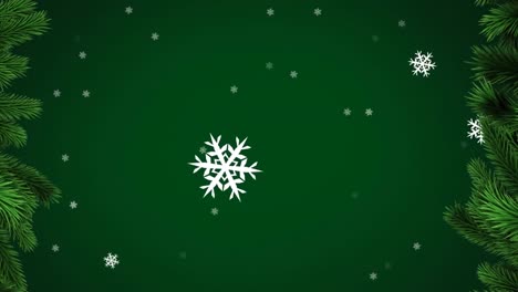 Animation-of-christmas-fir-tree-over-snowflakes-on-green-background