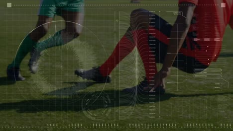 Animation-of-data-processing-over-legs-of-diverse-male-soccer-players-on-sports-field