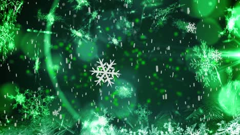 Animation-of-snow-falling-over-snowflakes-and-bokeh-on-green-background