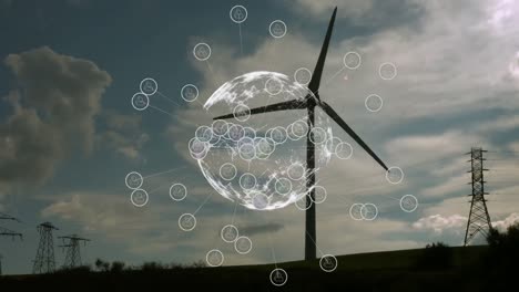 Animation-Von-Verbindungsnetzwerken-Mit-Symbolen-Und-Globus-über-Windkraftanlage