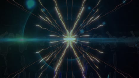 Animation-Von-Feuerwerk-Und-Lichtern-über-Tanzenden-Menschen-Auf-Dunklem-Hintergrund