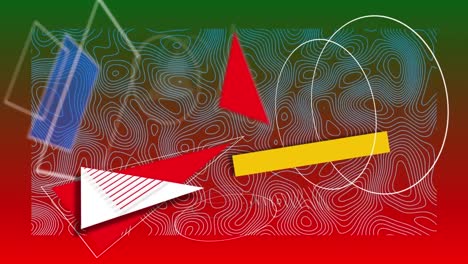 Animation-Von-Dreiecken-Und-Kreisen,-Die-Sich-über-Isohypsen-Auf-Grünem-Und-Rotem-Hintergrund-Bewegen