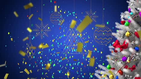 Animation-of-falling-colourful-confetti-over-christmas-tree-and-decorations