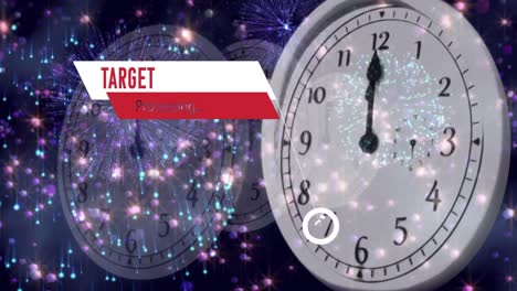 Animation-of-target-processing-and-clock-over-fireworks-on-navy-background