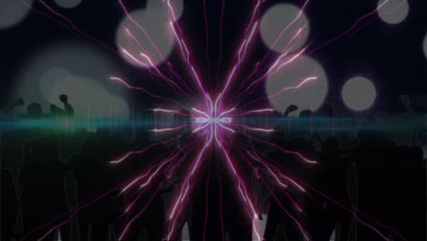 Animation-Von-Feuerwerk-Und-Lichtern-über-Tanzenden-Menschen-Auf-Dunklem-Hintergrund