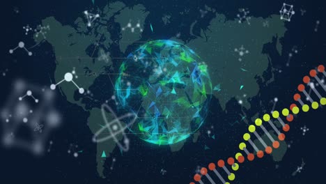 Animation-of-dna-strand-spinning-and-molecules-over-globe-and-world-map