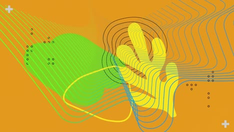 Animation-of-green-and-yellow-organic-shapes-over-orange-background