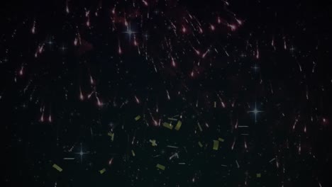 Animation-of-falling-colourful-confetti-and-fireworks-over-black-background