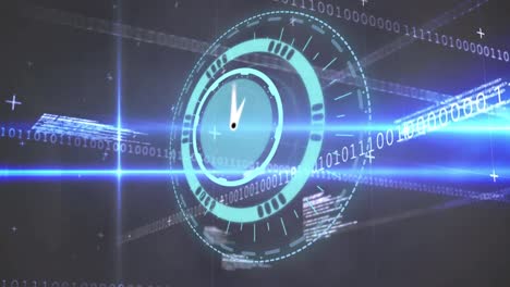 Animation-of-clock-over-data-processing-on-dark-background