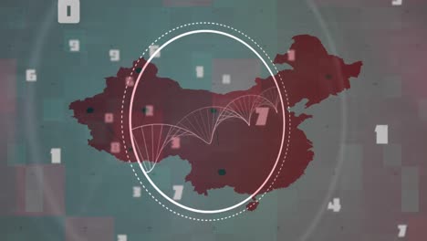 Animation-Des-Spinnens-Von-DNA-Strängen-Und-Der-Verarbeitung-Von-Zahlen-über-Einer-Karte-Von-China