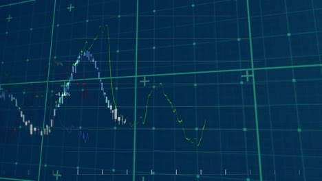 Digitale-Animation-Der-Finanzdatenverarbeitung-über-Ein-Gitternetz-Auf-Blauem-Hintergrund