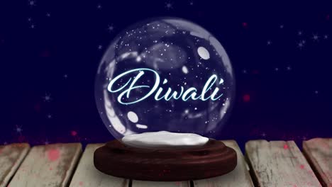 Animation-of-snowball-globe-with-diwali-text-over-lights