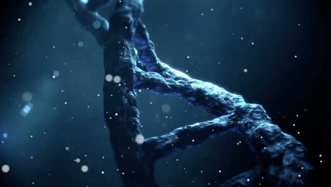 Animation-of-falling-dots-over-spinning-dna-strand-on-dark-background