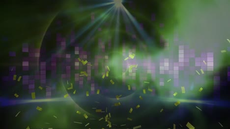 Digitale-Animation-Von-Goldenem-Konfetti,-Das-über-Violette-Mosaikquadrate-Vor-Schwarzem-Hintergrund-Fällt