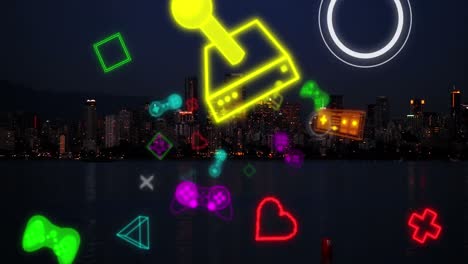 Animation-of-diverse-neon-shapes-moving-over-night-cityscape