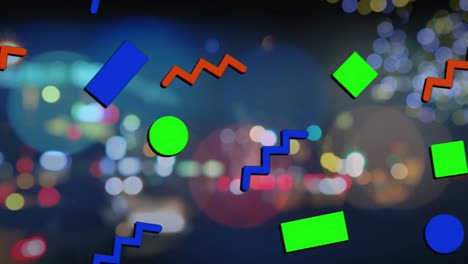 Animation-of-diverse-geometrical-shapes-moving-over-blurred-night-cityscape